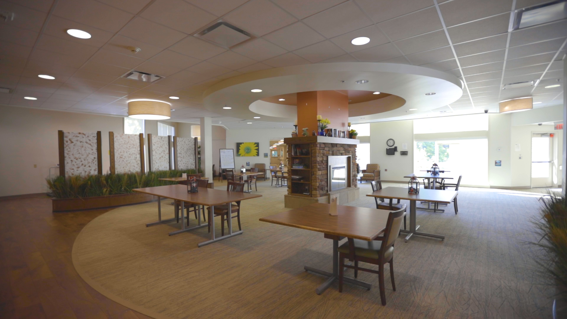 Dining hall with dining tables and chairs.